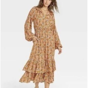 Universal Thread Yellow ruffle Floral Balloon Long Sleeve Ruffle Collar Dress M